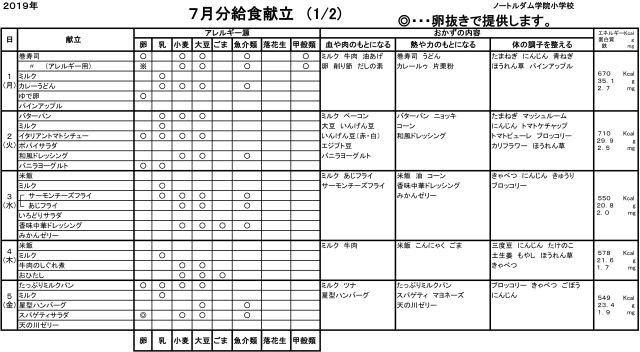 7月分給食献立表 ノートルダム学院小学校